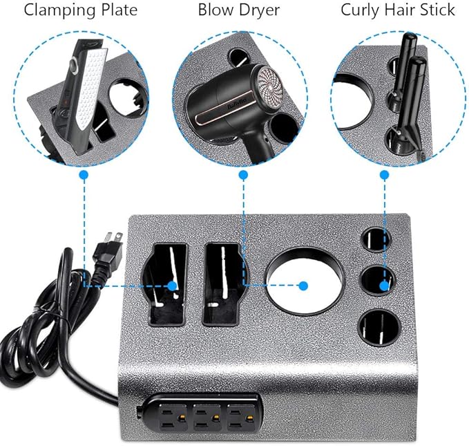 BYOOTIQUE 5-Hole & 6-Hole Tabletop Blow Dryer & Hair Iron Holder Salon Appliance Stand with 3 Outlets Hair Tool Organizer Hot Tools Organizer for Stylist Straightener Bathroom Supplies