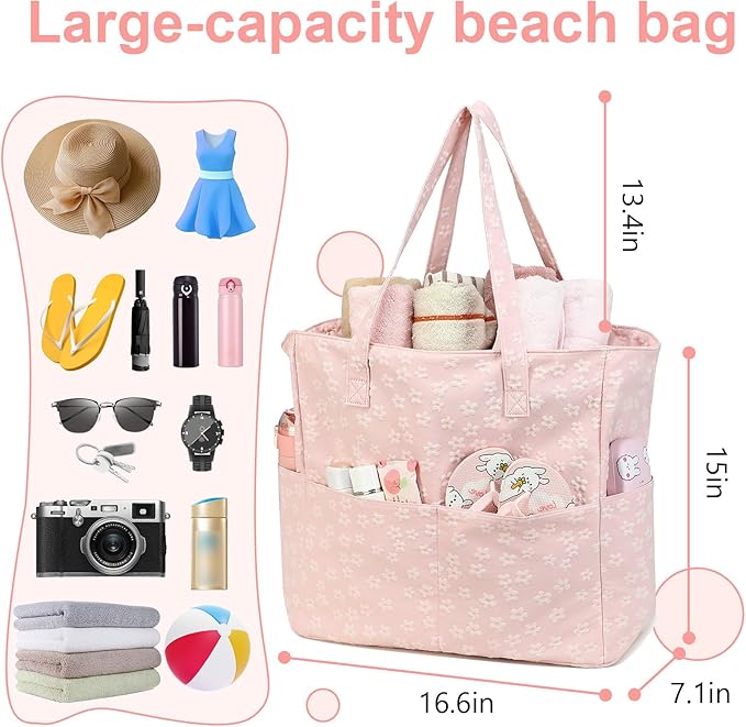 LEDAOU Large Beach Tote Bag Women Waterproof Sandproof Zipper Beach Tote Bag - Image 3