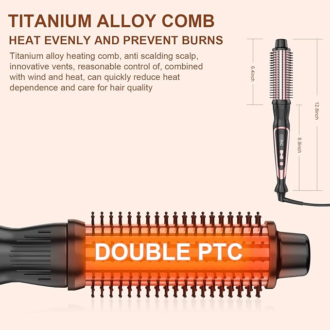 Thermal Brush 1 Inch Curling Iron Volumizing Heated Round Brush Ceramic Tourmaline Heated Hot, Multifunctional Styler Curling Wand (Rose Gold, 1 inch)