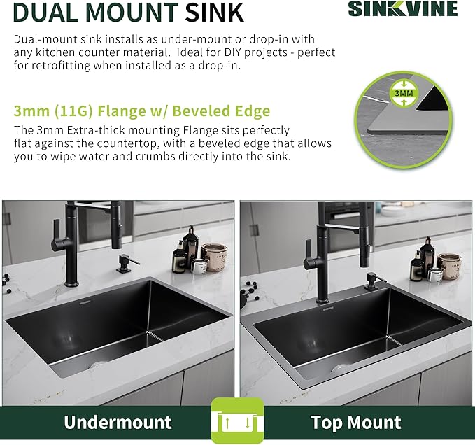 Black Kitchen Sink Drop-In 22 x 18 inch, SINKVINE PVD Nano Stainless Steel Bar - Image 9