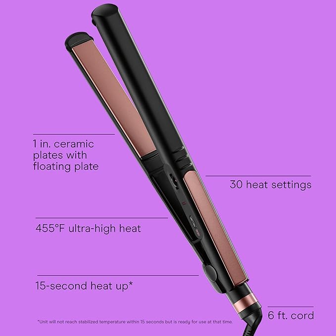 INFINITI PRO CONAIR Rose Gold Ceramic Flat Iron Hair Straightener, 1-Inch Flat Iron with Extra-Long Plates, including a Floating Plate, Advanced Heat Technology, Black