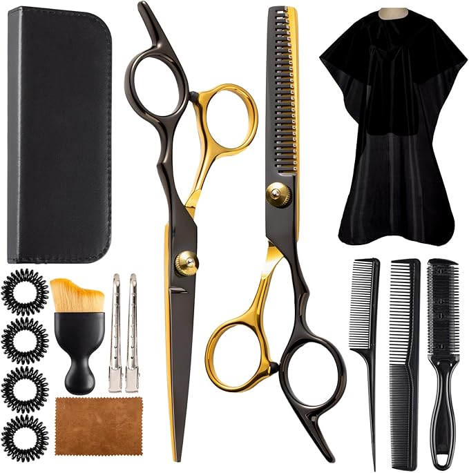 15 pcs Hair Cutting Scissors Professional, Thinning Shears for Hair Cutting, Black Gold Stainless Steel Barber Scissors, Lengnoyp Haircut Scissors Hair Cutting Kit for Women, Men