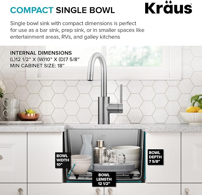KRAUS Fairlane 15-inch Undermount Single Bowl 18-Gauge Stainless Steel Kitchen - Image 8