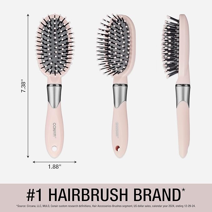 Conair Velvet Touch Cushion Hair Brush, Compact Travel Detangler Brush for Curly or Straight Styles, Flex Cushion Base for Stress-Free Brushing, Blush Pink