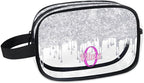 Personalized Name Toiletry Bag, Transparent PVC Large Travel Cosmetic Bag Portable Makeup Organizer Bag for Women Bathroom Shower Essentials, Silver Curtain Glittering
