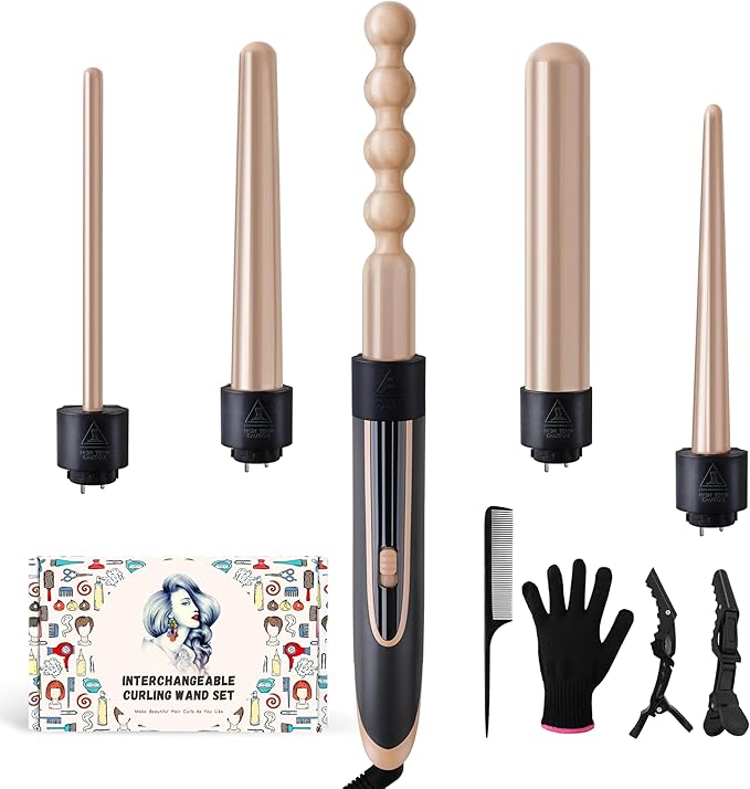 Curling Wand 5 in 1 Hair Curlers Iron Set with 5 Interchangeable Ceramic Tourmaline Barrel for Long Short Hair Styles Curling Irons Set Fast Heating Hair Cripmer for Women Gift