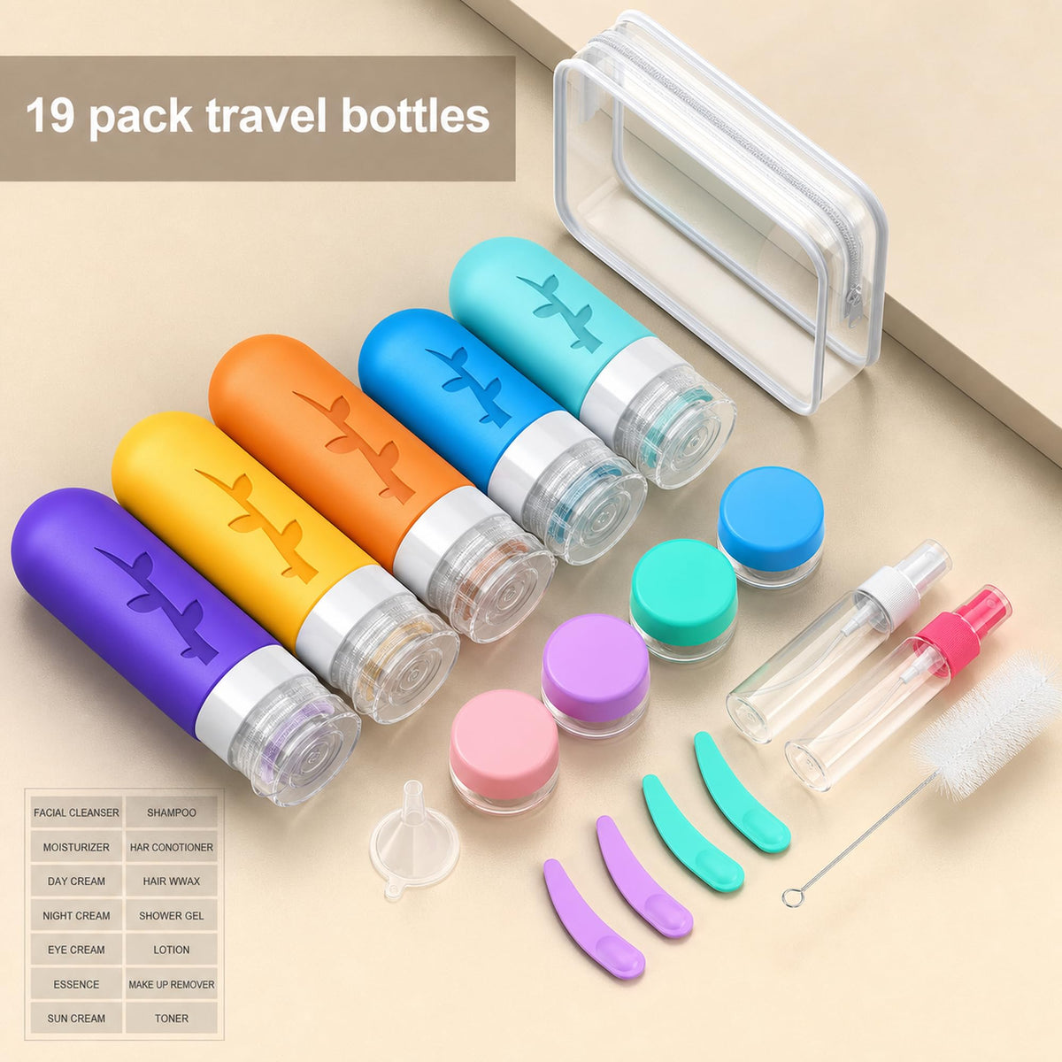 19pack TSA Approved Travel Bottles for Toiletries (Multicolor)