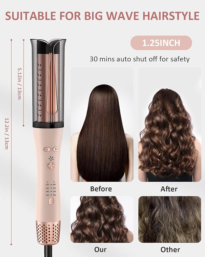 Automatic Curling Iron, Auto Hair Curler with 4 Temperature & 3 Timer Portable Hair Curler Automatic Shut-Off, Anti-Scald, Anti-Tangle 500 Million Ionic Rotating Curling Wand for Hair Styling