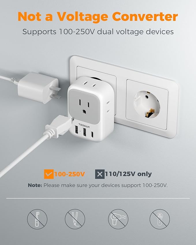 2 Pack European Plug Adapter USB C, TESSAN US to Europe Adapter 4 Outlets 3 USB - Image 5