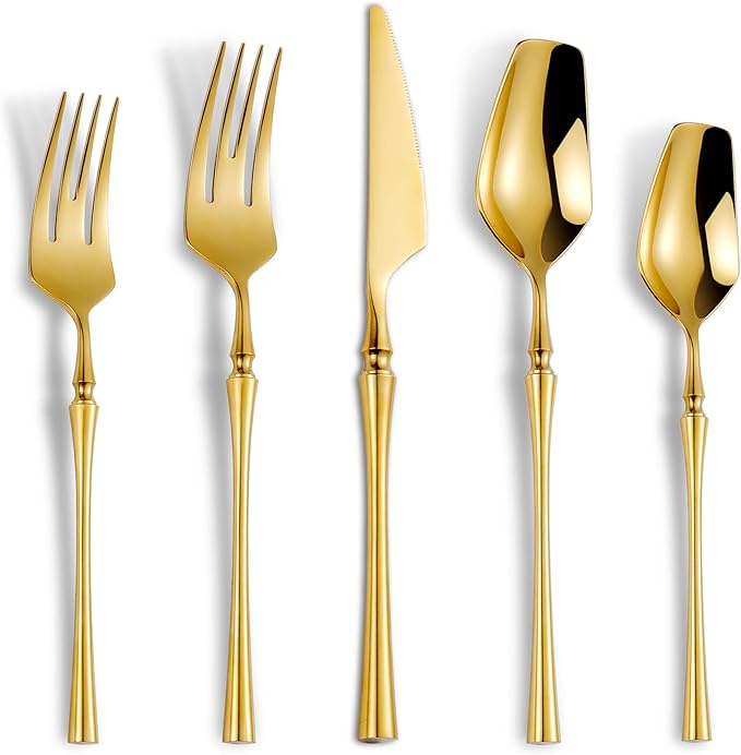20-Piece Gold Silverware Set for 4, Modern 18/10 Stainless Steel Flatware Set by Lemeya