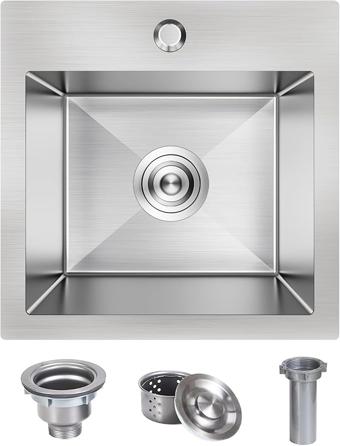 15 x 15 Inch Drop In Kitchen Bar Sink, Stainless Steel Single Bowl Topmount Bar by Kadorer