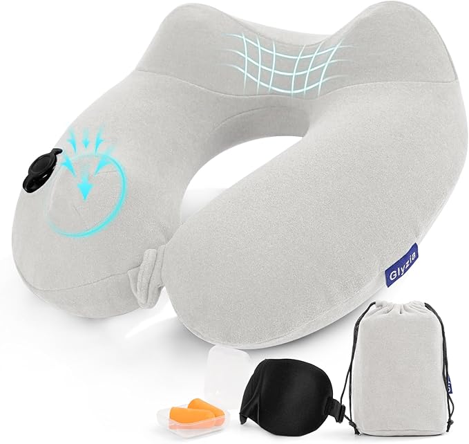 Inflatable Travel Neck Pillow for Airplane, Head Support Velvet Adult Neck by Glyzia