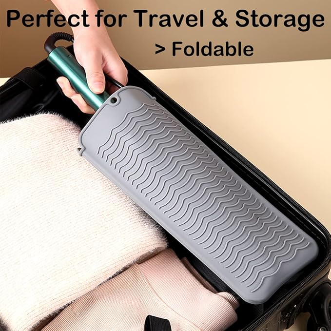 Heat Resistant Silicone Mat with Hanging Hole, Straightener Heat Resistant Travel Mat & Pouch for Curling Iron, Flat Iron and Other Hot Hair Styling Tools, 11 x 5 in, Gray