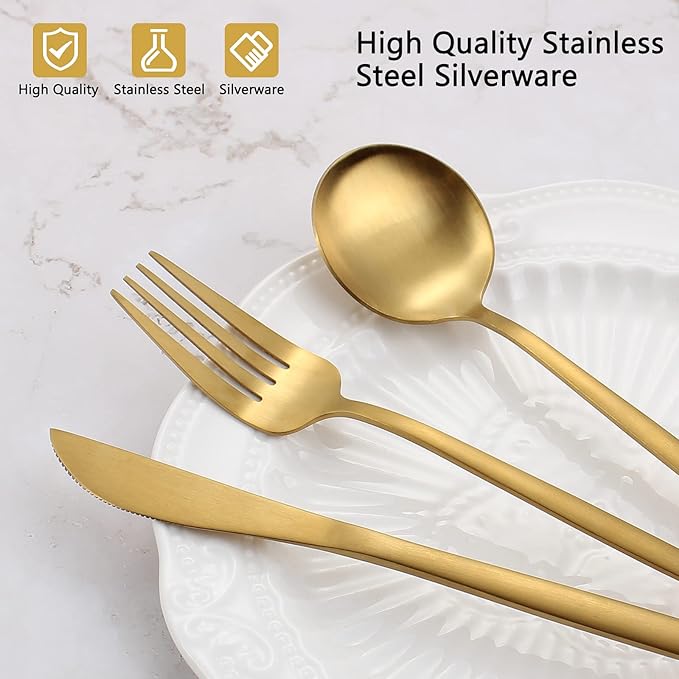 Matte Gold Silverware Set, VANVRO 60-Piece Stainless Steel Flatware Set - Image 4