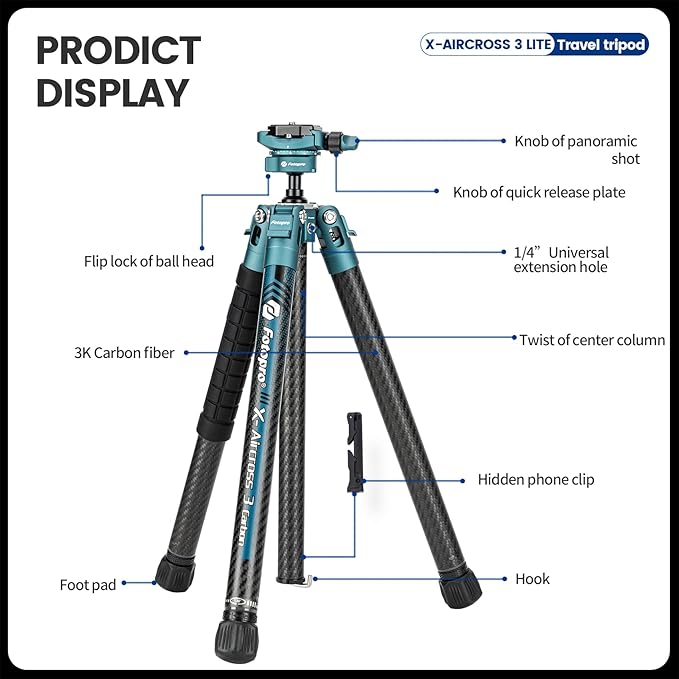 Fotopro Carbon Fiber Tripod 60 Inch 360 Degree Ball Head Quick Release Plate - Image 9