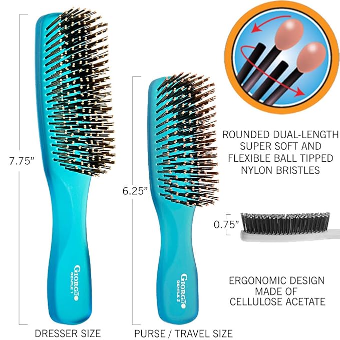 Giorgio GION1-2B Neon Blue Set of 2 Gentle Touch Detangler Hair Brush for Men and Women. Soft Bristles for Sensitive Scalp. Wet and Dry for all Hair Types. Scalp Massager Brush Stimulate Hair Growth