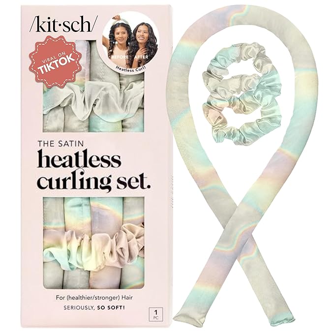 Kitsch Satin Heatless Curlers Set – Heatless Curls Overnight with Hair Curler & 2 Satin Scrunchies – Comfortable Hair Curlers to Sleep In for Frizz-Free, No Heat Damage Styling - Aura
