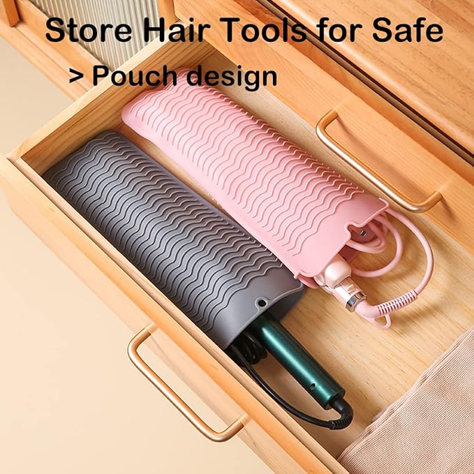 2 Heat Resistant Silicone Mat with Hanging Hole, Straightener Heat Resistant Travel Mat & Pouch for Curling Iron, Flat Iron and Other Hot Hair Styling Tools, 11 x 5 in, Pink