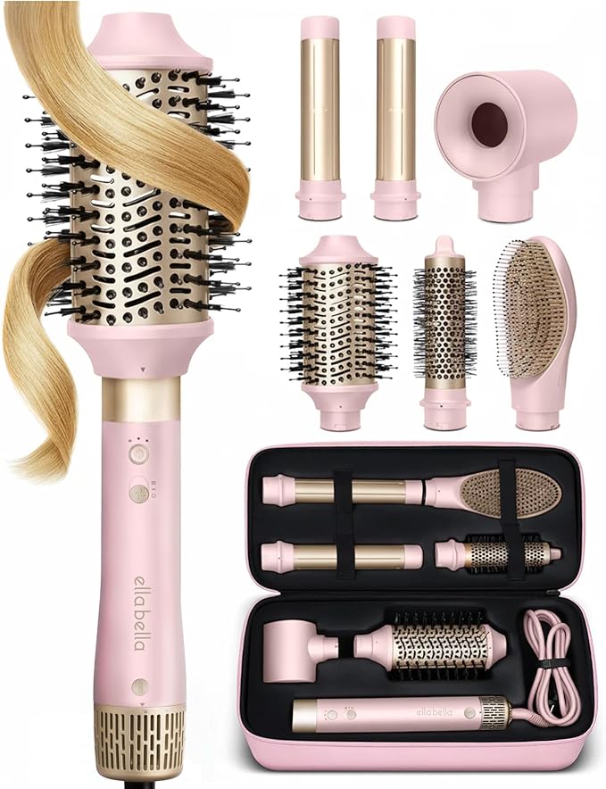ELLA BELLA® 6 in 1 Professional Hot Air Styler • Powerful Hair Dryer & Straightener Set • Styling Without Heat Damage • Fast Drying Curling Volumizing Straightening • Protective Travel Case (Pink)