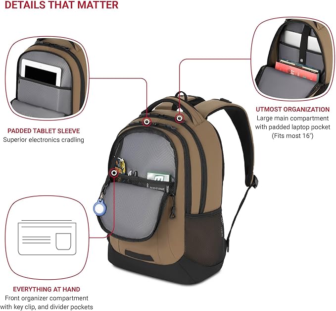 SwissGear Cecil 5505 Laptop Backpack, Pastel Brown/Black - Image 3