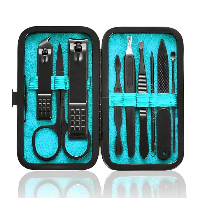 Manicure Set 9 in 1 Stainless Steel, Nail Clippers Scissors Pedicure Tools Kit by HANTEKAS