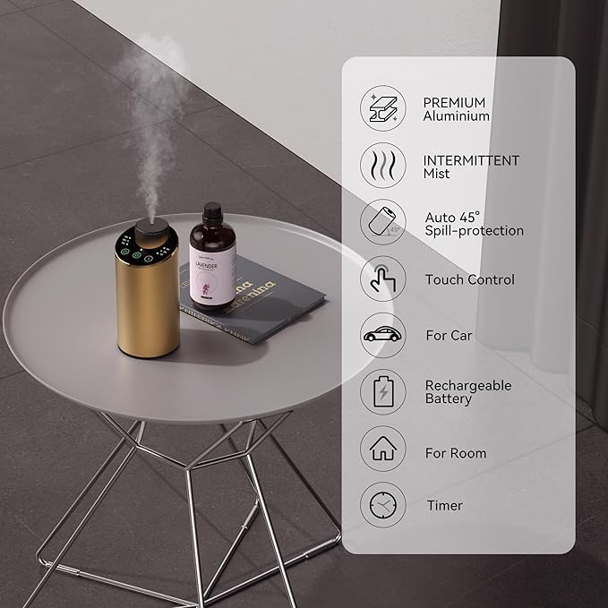 Waterless Essential Oil Diffuser Scent Aromatherapy Diffusers for Home Large Room, Car, Office, Portable Battery Operated Cordless Air Freshener, 4 Timers & 3 Mist Levels, 100ml Capacity (Golden)
