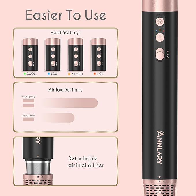 5 in 1 Ionic Hot Air Styler, 1400W Powerful Hair Dryer Brush, Auto-Wrap Curlers, Paddle Brush for Fast Drying, Volumizing with Travel & Storage Bag