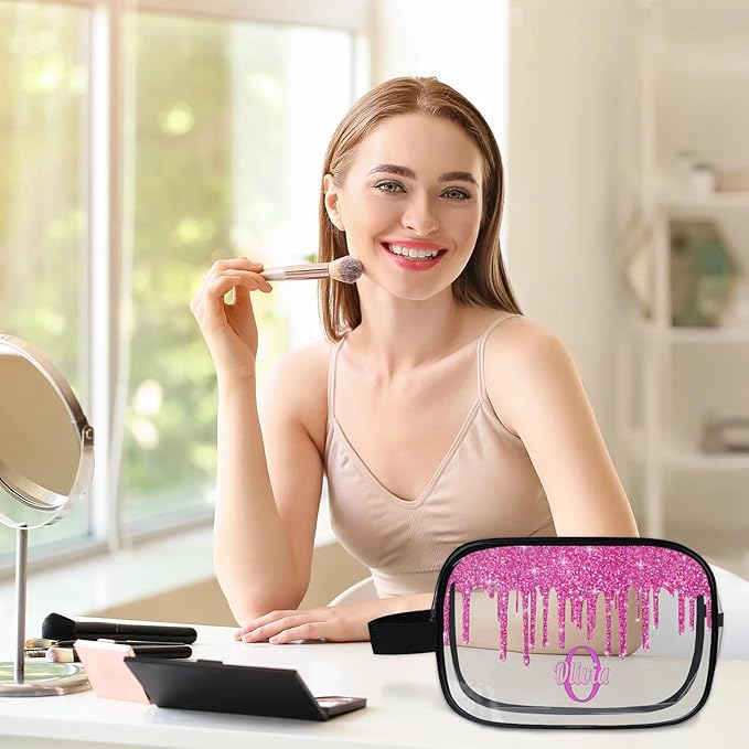 Custom Name Transparent Makeup Bag Travel, Clear Toiletry Bag Travel Large Capacity PVC Cosmetic Container Organizer for Shampoo, Deep Pink Water Fluid Shape Glittering