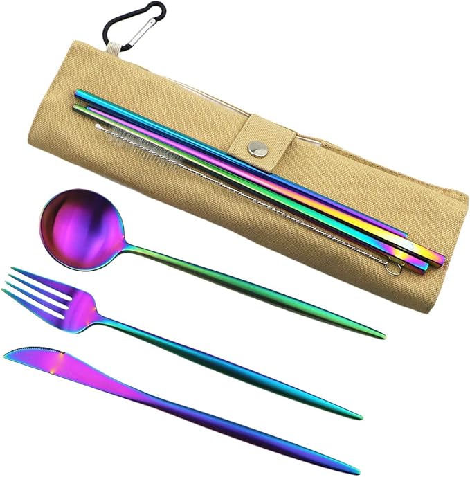 Gugrida Luxury Rainbow Matte Portable 18/10 Stainless Steel Travel Flatware - Image 3