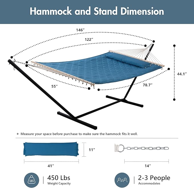 ANOW Double Hammock with 12 Feet Heavy Duty Steel Stand Combo, 2 Person Quilted - Image 6