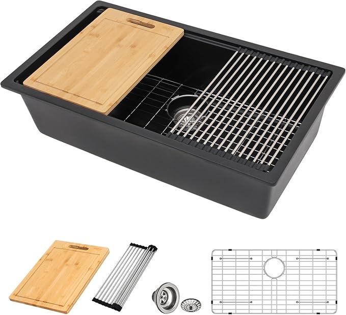 33 Inch Black Granite Composite Kitchen Sink Workstations Black Quartz by DONSDEY