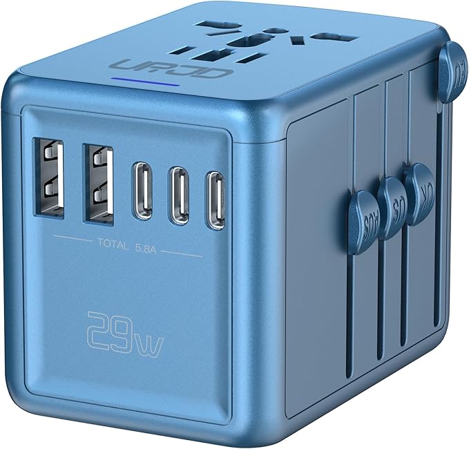 Universal Travel Adapter Offers 6.0A 3X 3.0A USB-C Ports, 2X 2.4A USB-A Ports by URJD