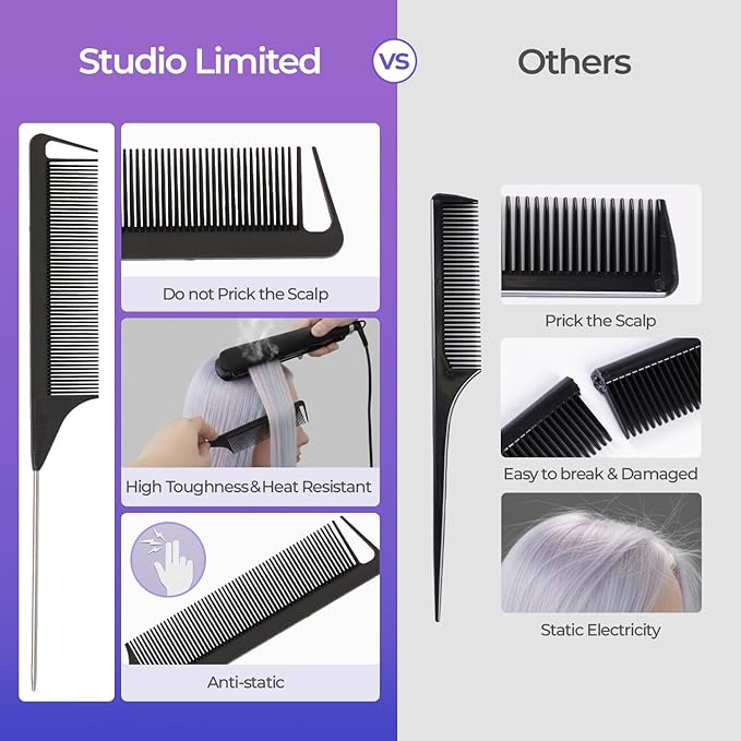 STUDIO LIMITED Carbon Pin Tail Combs, 3-Pcs Rat Tail & Stainless Steel Hair Parting & Styling Tools, Anti-Static for Easy Sectioning & Styling