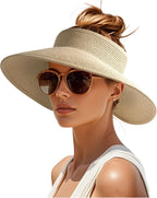 Womens Sun Visor Hats Wide Brim Straw Beach Hat UV Protection Ponytail Packable by FURTALK