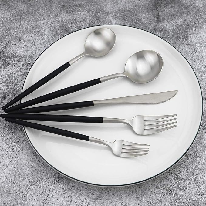 Gugrida Black Handle Matte Silver Silverware Set - Image 3