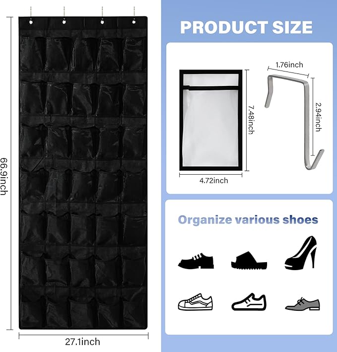 35Large Pockets Over The Door Shoe Organizer, Mesh Pockets Shoe Holder Rack - Image 2