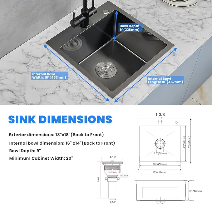 POPFLY 18×18 Inch Drop In Bar Prep Sink, 304 Stainless Steel Top mount Handmade - Image 7