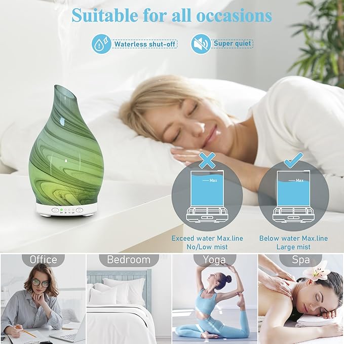 Essential Oil Diffuser 120ML, Glass Aromatherapy Diffuser with 4 Timer Settings & 7 Color Changing Lights, Waterless Auto Shut-Off, Ultra Quiet Oil Diffuser for Home, Office, Yoga, Spa and Sleeping