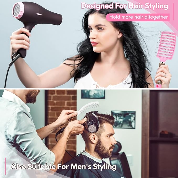 Hair Brush Set, Curved Vented Detangling Hair Brushes for Women Men Kids, Professional Vent Styling Brush for Wet Dry Curly Thick Straight Hair Fast Blow Drying Brush (Black+ White)