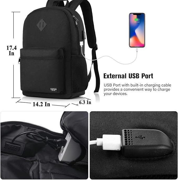 Black Backpack for Women Men, Casual School Backpack Teen Boys and Girls 15.6 - Image 6