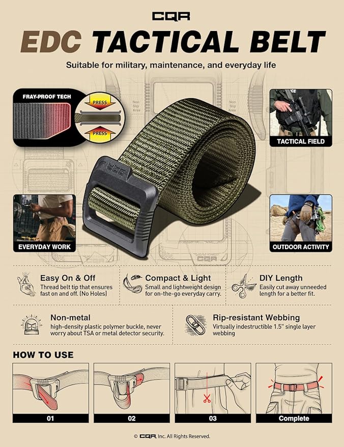 CQR Tactical Belt, Military Style Heavy Duty Belt, Webbing EDC Quick-Release - Image 4