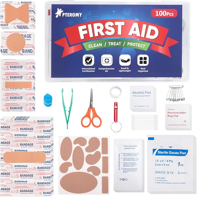 PTEROMY 100 Piece Mini First Aid Kit, Portable Small Emergency Kits Compact 1st by PTEROMY