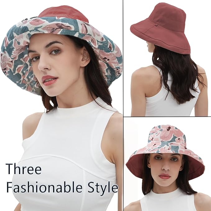 vidsel Womens Sun Hats Wide Brim Reversible Bucket Cotton Hat Packable Summer - Image 5