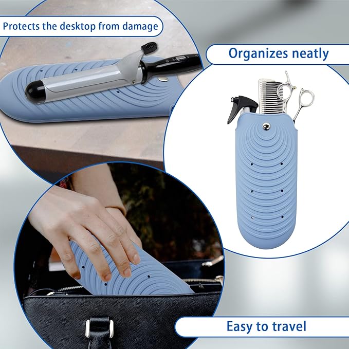 Heat Insulating Silicone Mat Pouch for Hair Styling Tools, Curling & Flat Irons Anti-Slip Travel Cover, Small Portable Straightener Pad for Curler Wands Storage, Hot Waver (Blue)