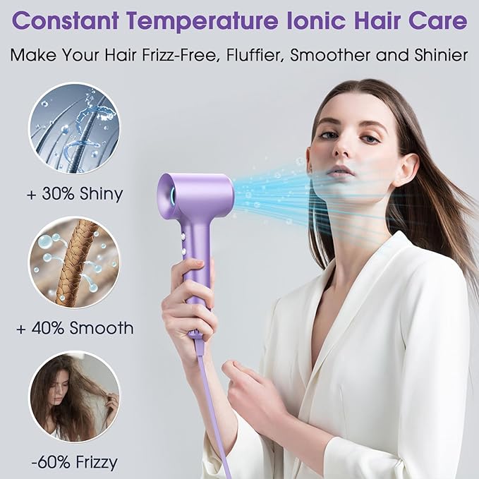 KARFUN Hair Dryer, 110000 RPM High-Speed Brushless Motor Fast Drying Blow Dryer, 57dB Low Noise Hair Dryer for Home or Travel, 3 Temps & 2 Speeds (Purple)