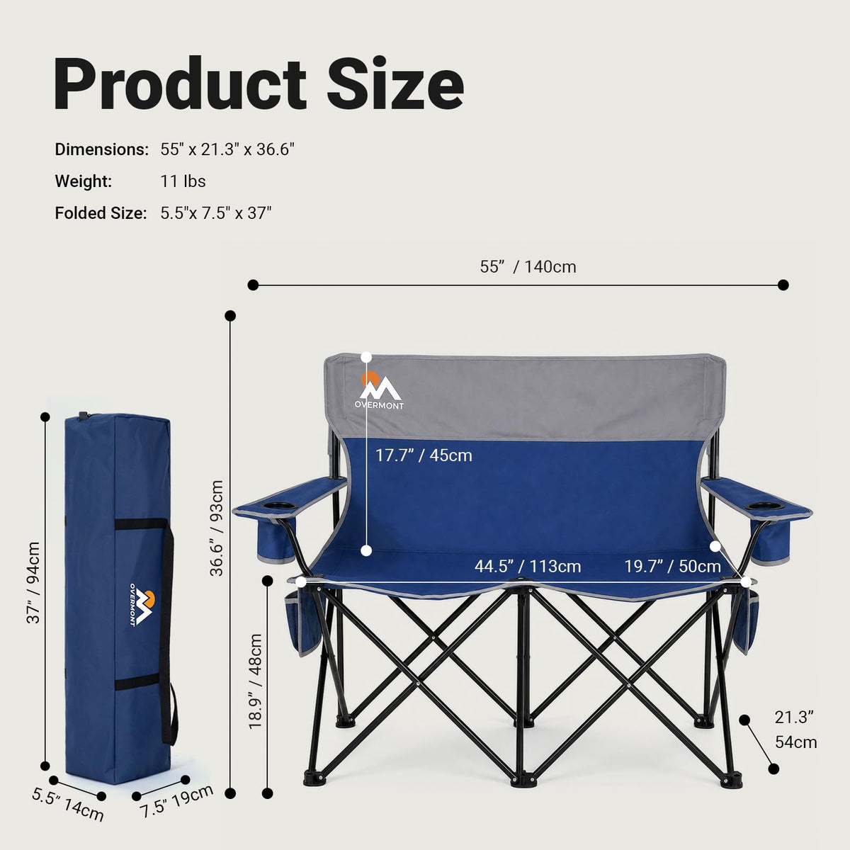 Double Camping Chair Compact Folding Loveseat with Cup Holders (Blue Loveseat / 1pc)