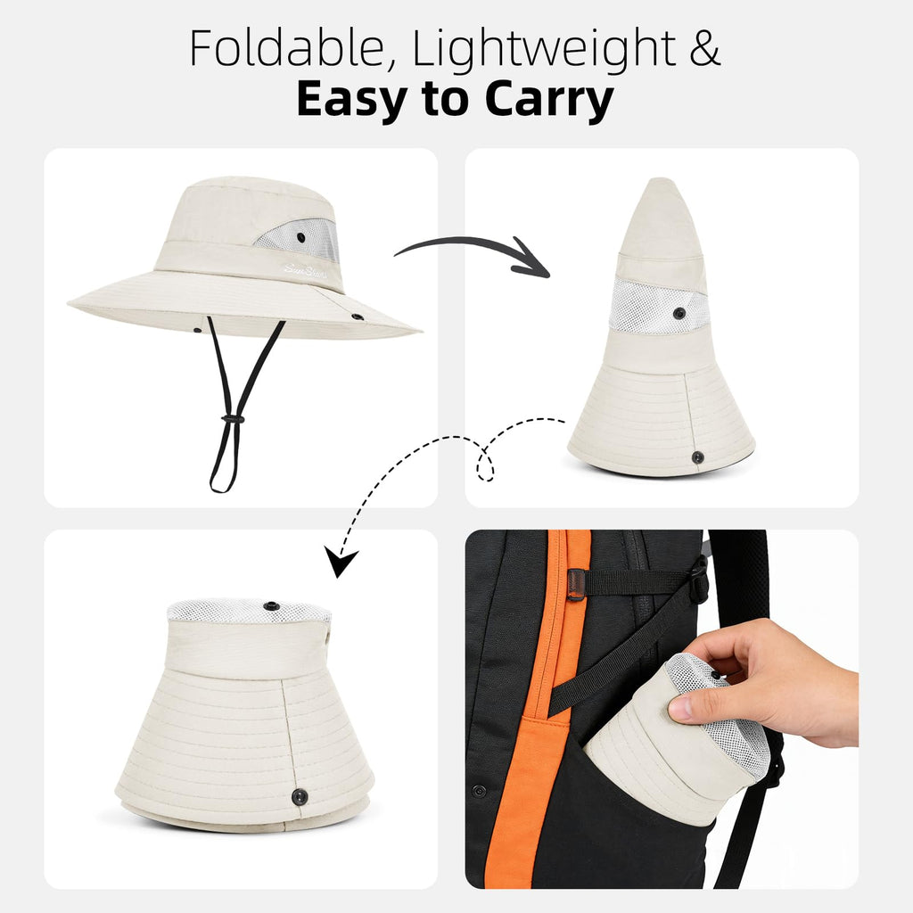 Ponytail Sun Bucket Hats for Women UV Protection Foldable Wide Brim (1 Pack-pure-beige)
