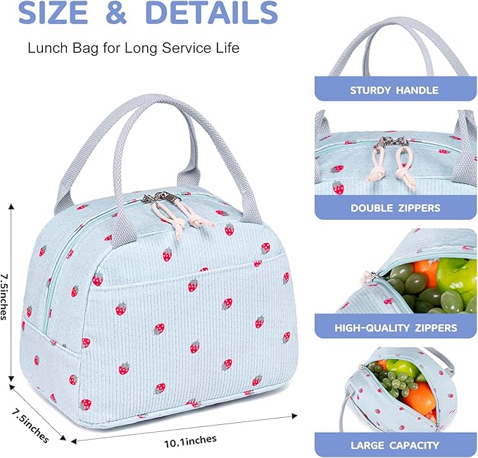 Bluboon Lunch Bag for Women Men Cute Corduroy Lunch Tote Bags Reusable - Image 7