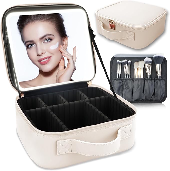 Makeup Bag with Led Mirror, Travel Makeup Organizer with 3 Color Setting by SUILU