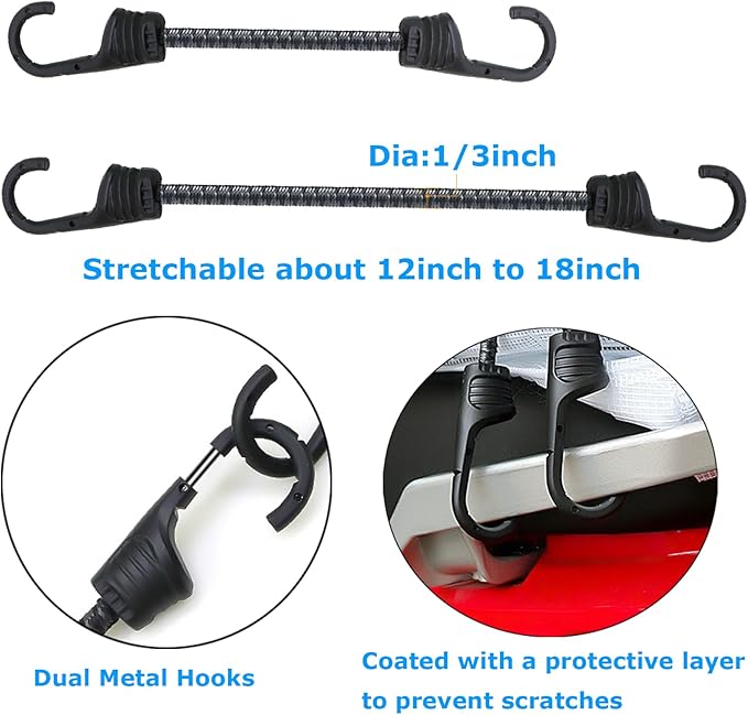 Bungee Cords with Dual Hooks, 12inch 6Pack Mini Bungee Straps 1/3 Inch Strong - Image 3